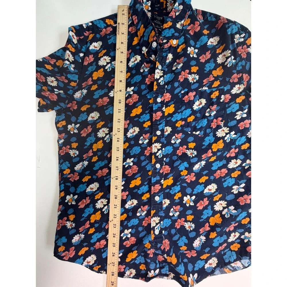 J.Crew Slim Flex Washed Floral Button Down Shirt Blue Mens Large Short Sleeve
